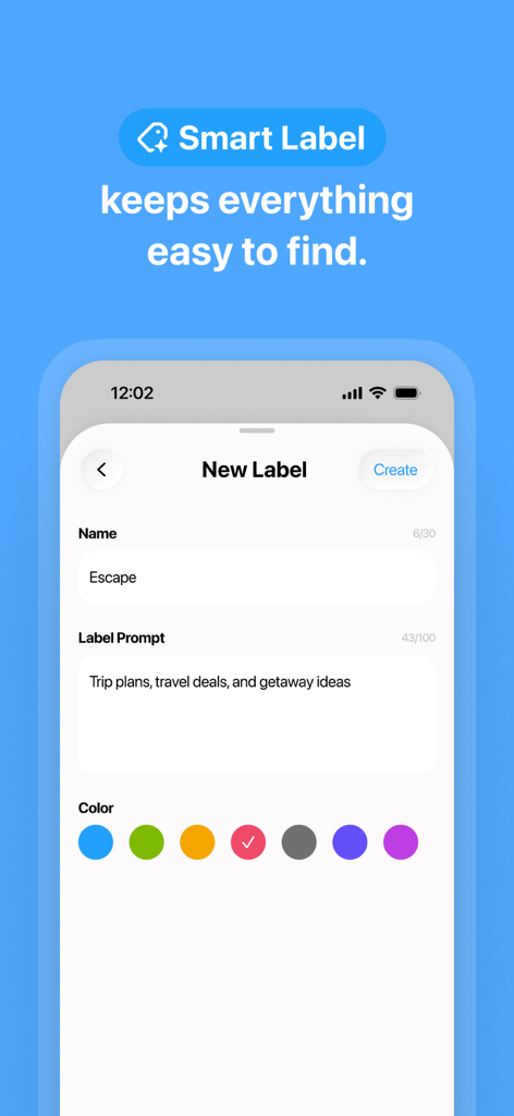 FiloMail - AI Gmail Client - FiloMail app screen for creating a Smart Label with an AI prompt for travel plans and color selection.