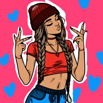 realistic teenage girl with braids and a beanie and crop top doing 🫶🏼