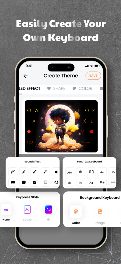LED Keyboard - RGB Color - Interfaz de la aplicación Teclado LED mostrando opciones para personalizar fuentes de fondo y efectos de sonido.