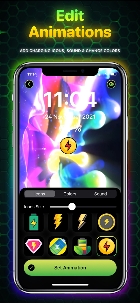 Ampere: Charging Animation App - Interfaz de la aplicación Ampere mostrando opciones de personalización para animaciones de carga, incluyendo iconos y colores