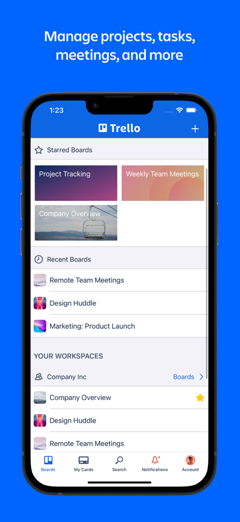 Interface do aplicativo móvel Trello mostrando quadros de projetos marcados como favoritos e recentes em um iPhone