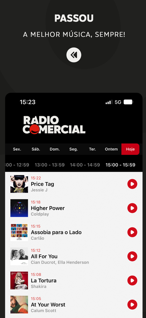 Radio Comercial - Kürzlich gespielte Songliste auf der Benutzeroberfläche der Radio Comercial mobilen App