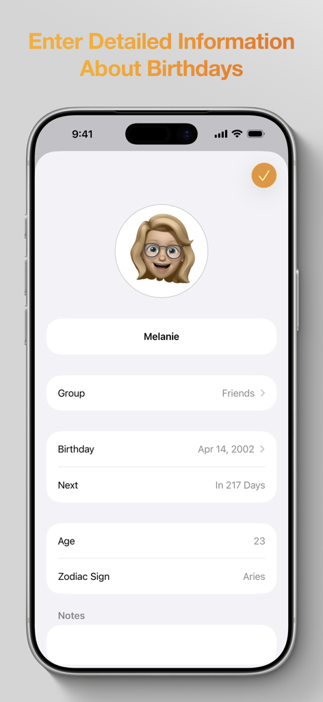 Birthdays: Birthday App - Detailed profile view of a contact in the Birthdays app showing birthday date age and zodiac sign