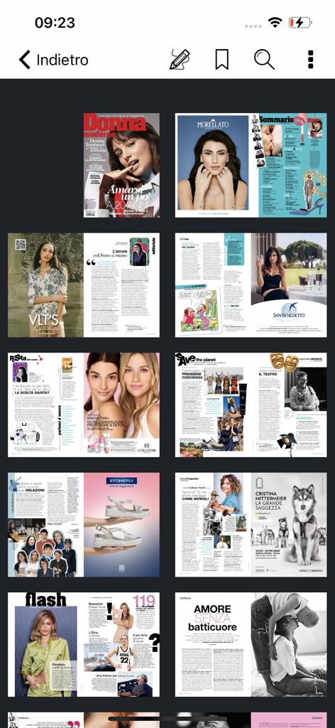 Donna Moderna - A grid view showing various digital page spreads from the Donna Moderna magazine app including fashion articles and advertisements.