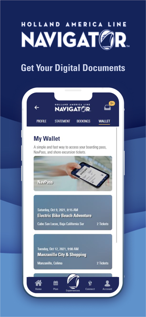 Holland America Line Navigator app My Wallet screen displaying digital boarding pass and excursion tickets.