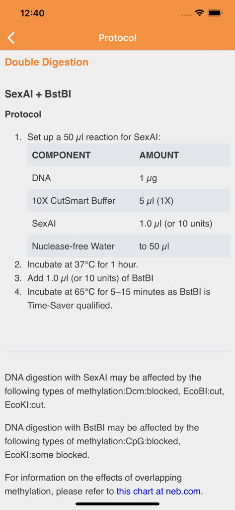NEB Tools - A detailed laboratory protocol for a double digestion experiment within the NEB Tools mobile app.