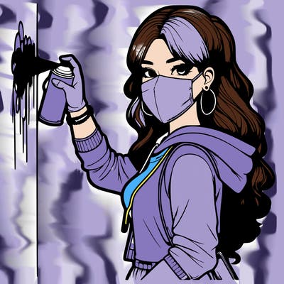 realistic girl with mask spray painting a wall