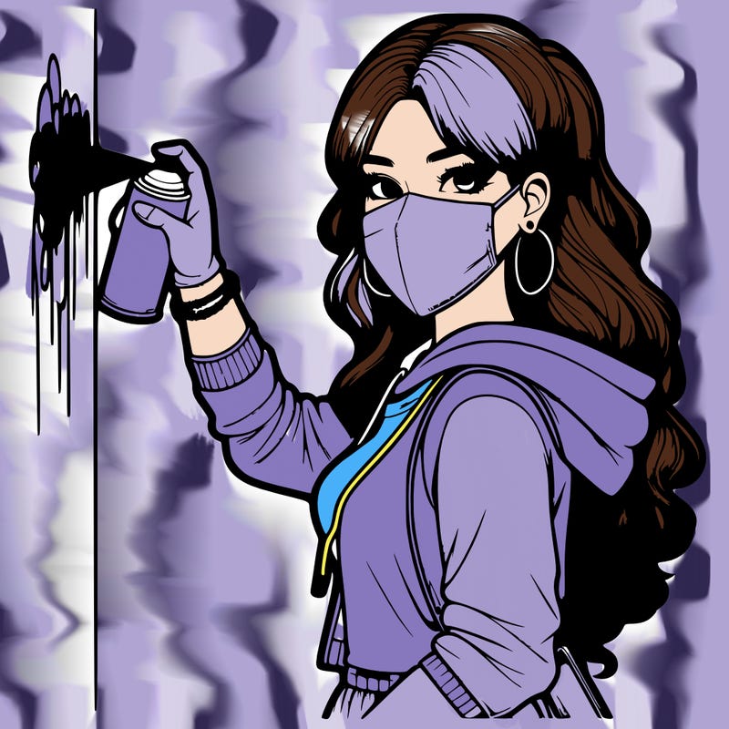 realistic girl with mask spray painting a wall