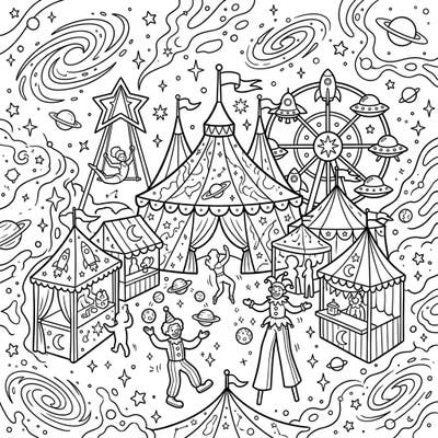 Journey to an extraordinary carnival where the wonders of space meet thrilling circus acts. This captivating coloring page features detailed tents, playful performers, and celestial backdrops, perfect for imaginative colorists.