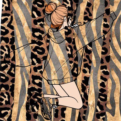 realistic girl jumping with a bun and oversized sweatshirt