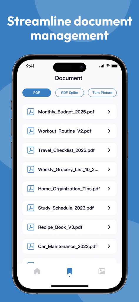 Interface do aplicativo móvel Flexi PDF mostrando uma lista de documentos PDF e opções de gerenciamento de arquivos em um iPhone.