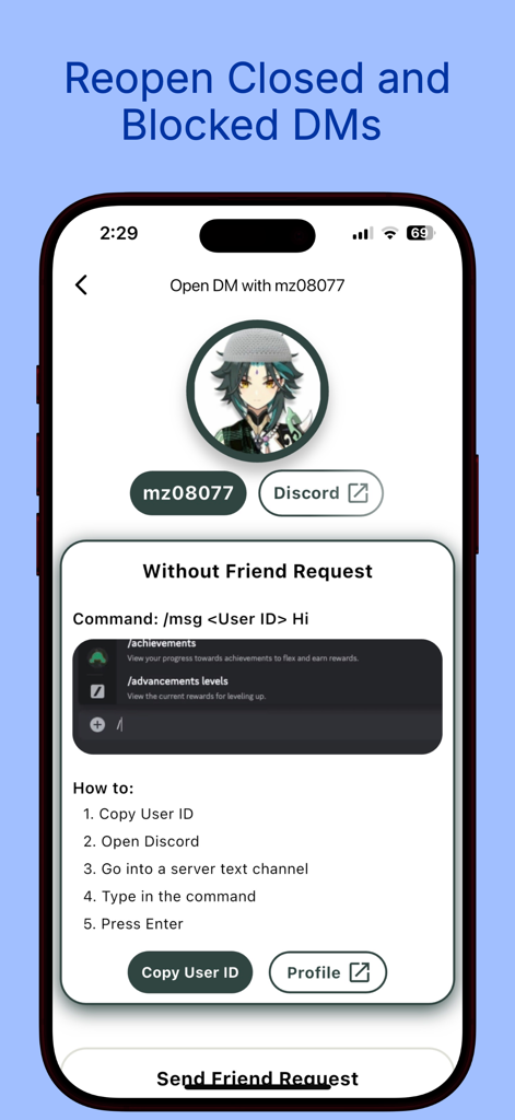 Friendcord | Reopen Discord DM - Friendcordアプリのインターフェースで、フレンドリクエストなしでクローズおよびブロックされたDiscordダイレクトメッセージを再オープンする方法のステップバイステップガイドを表示しています。