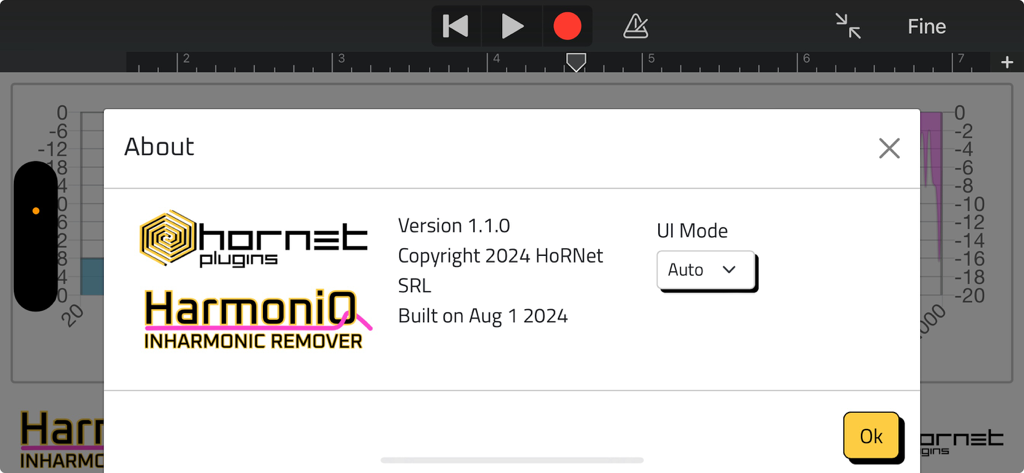 HoRNet HarmoniQ - The about window for the HoRNet HarmoniQ audio plugin showing version details and UI options