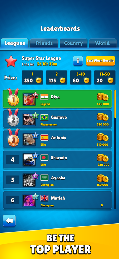 Ludo Party : Dice Board Game - 슈퍼스타 리그의 글로벌 플레이어 순위와 보상을 보여주는 루도 파티 게임 리더보드