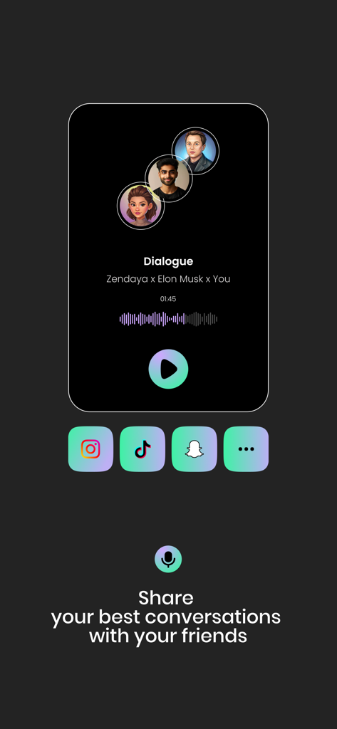 Voicify - Audio Chat Creator - Voicify app interface showing options to share AI celebrity voice conversations on social media platforms like TikTok and Instagram