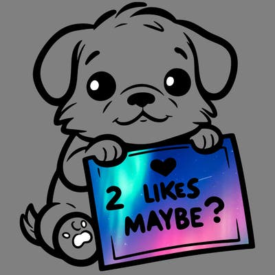 a puppy holding a sign that says 2 likes maybe?
