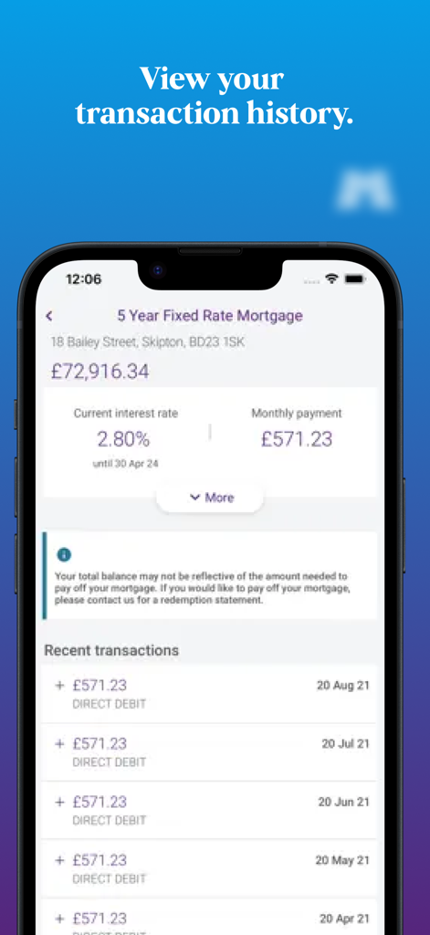 Skipton Building Society - Mobile app screen showing mortgage account details and recent transaction history