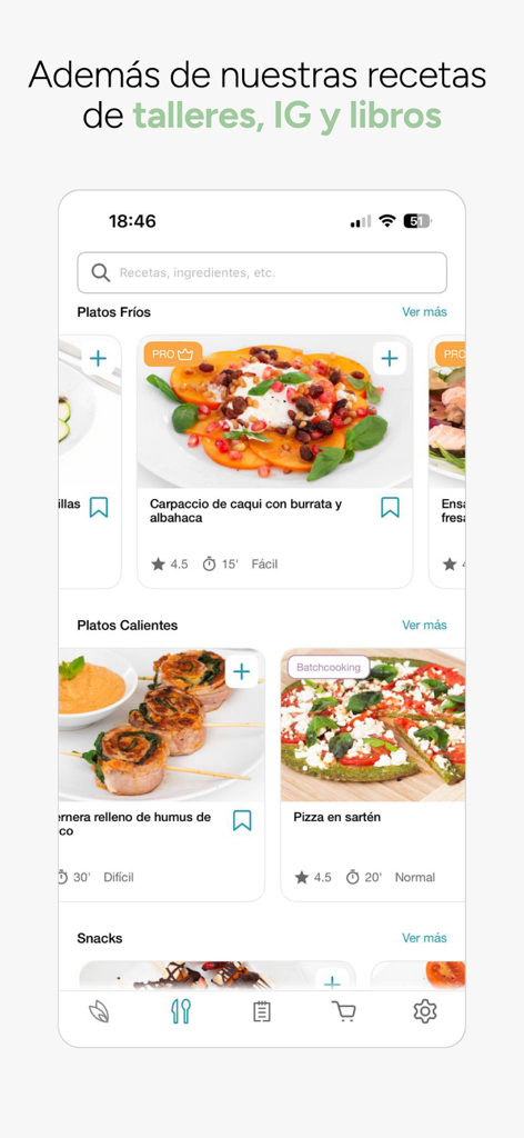 Mobile interface of FuturApp displaying various healthy recipes categorized by cold dishes, hot dishes, and snacks.
