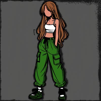 girl in baggy pants crop top and long hair
