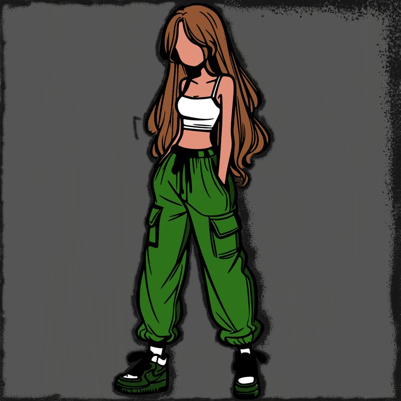 girl in baggy pants crop top and long hair
