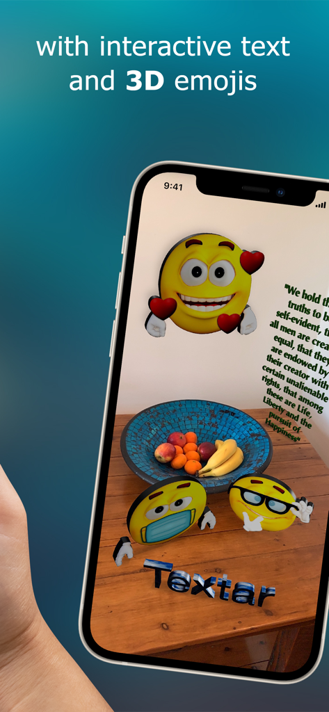 Textar - Textar app showing 3D emojis and interactive text in an augmented reality scene on a table.
