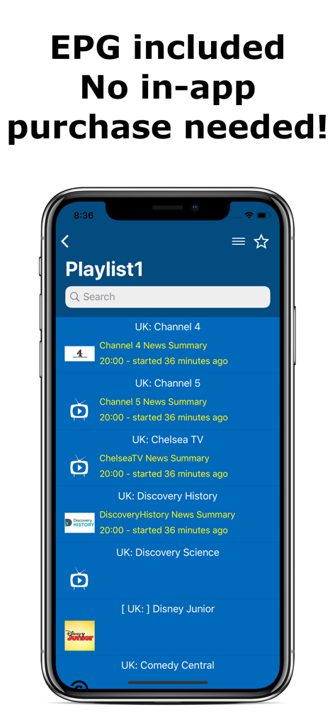 Simple IPTV Playlist app showing a list of UK TV channels with Electronic Program Guide and news summaries