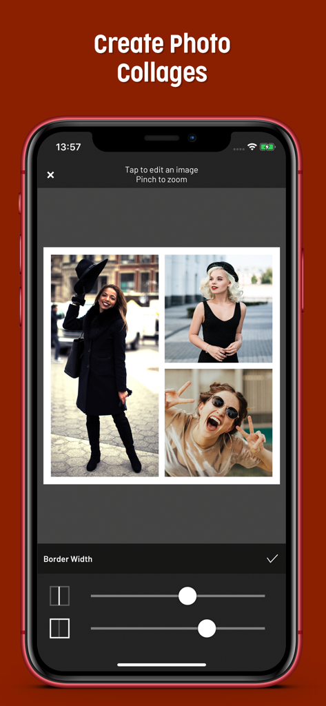 A smartphone displaying the Mematic app photo collage editing screen with a three-image layout and border adjustment tools