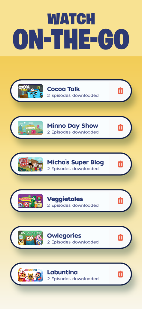 List of downloaded kids Bible shows in the Minno app for offline viewing