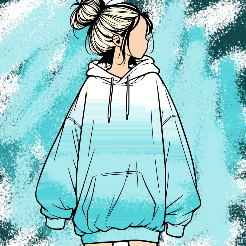realistic girl with a oversized sweatshirt on and a bun