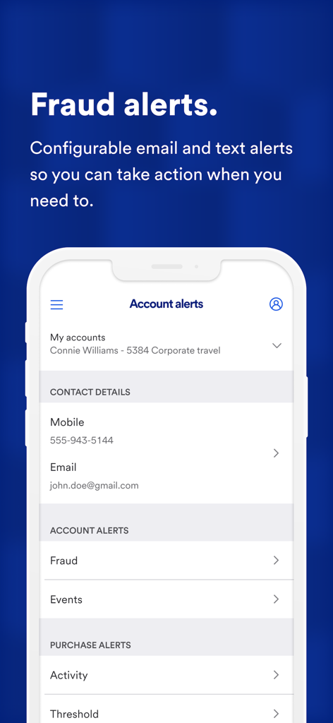 Screenshot of the U.S. Bank Access Online mobile app showing the configurable fraud and account alerts screen.