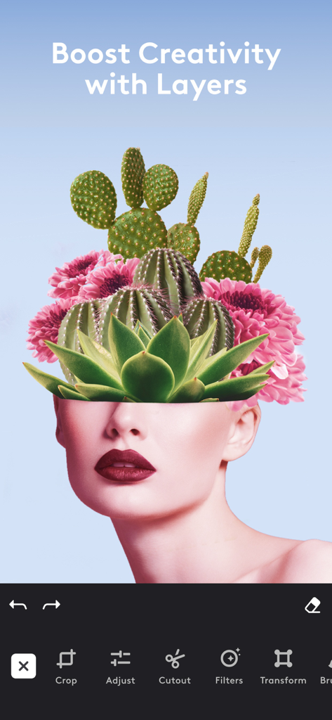 Surreales Foto einer Frau mit Kakteen und rosa Blumen, erstellt mit der Ebenen-Funktion in Photoleap