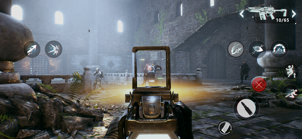 Bright Memory Mobile - First person shooter gameplay in Bright Memory Mobile showing action combat in an ancient stone courtyard with high end graphics
