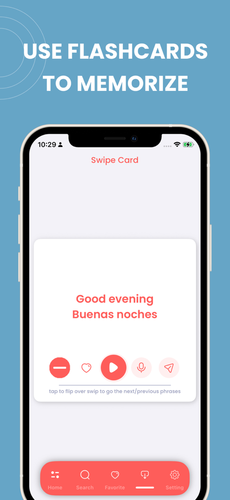 Learn Spanish (Latin American) - A mobile interface for learning Spanish showing a flashcard for the phrase Good evening in English and Spanish.