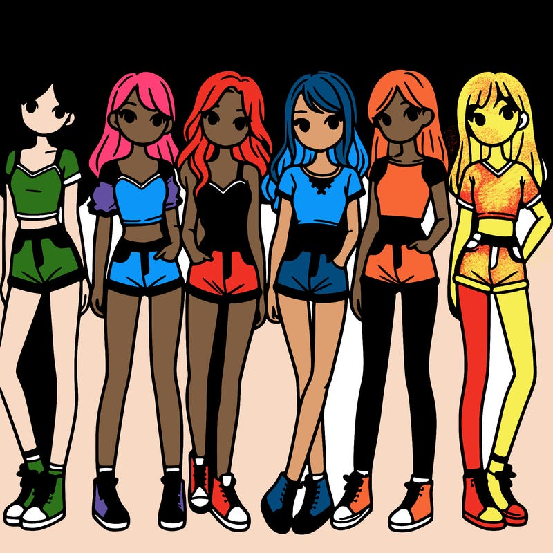 a group of girls wearing crop tops and shorts