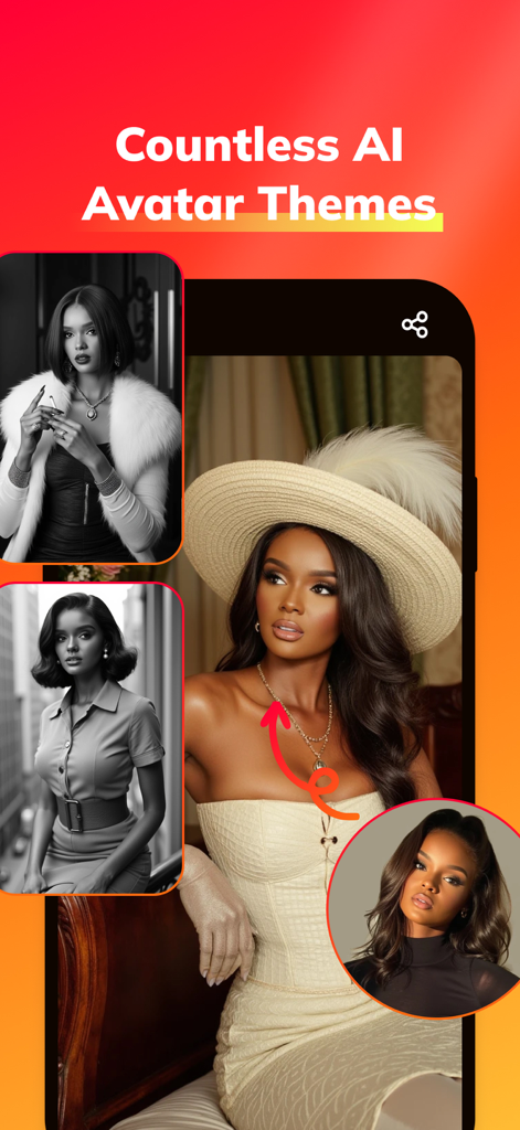 A woman showcased in multiple AI-generated avatar styles and themes within the Morphio AI app.