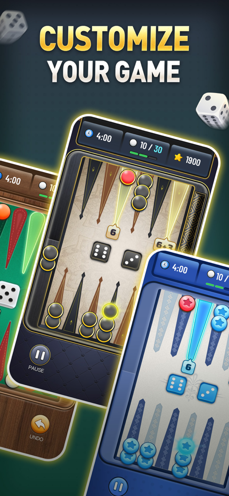 Backgammon game app featuring different customizable board designs and themes