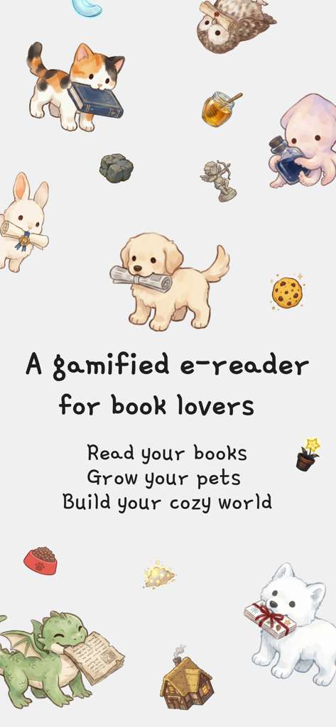 Promotional screen for epup app with cute illustrated pets and text describing a gamified e-reader for book lovers.