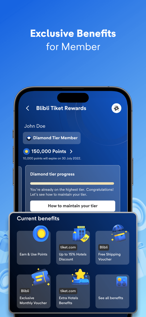Interfaz de la aplicación tiket.com que muestra recompensas de membresía y beneficios de nivel diamante, incluidos descuentos en hoteles.