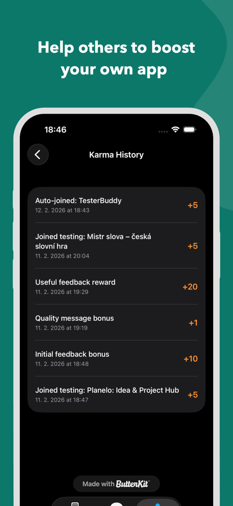 TesterBuddy app screen showing Karma History with points earned for testing apps and providing feedback