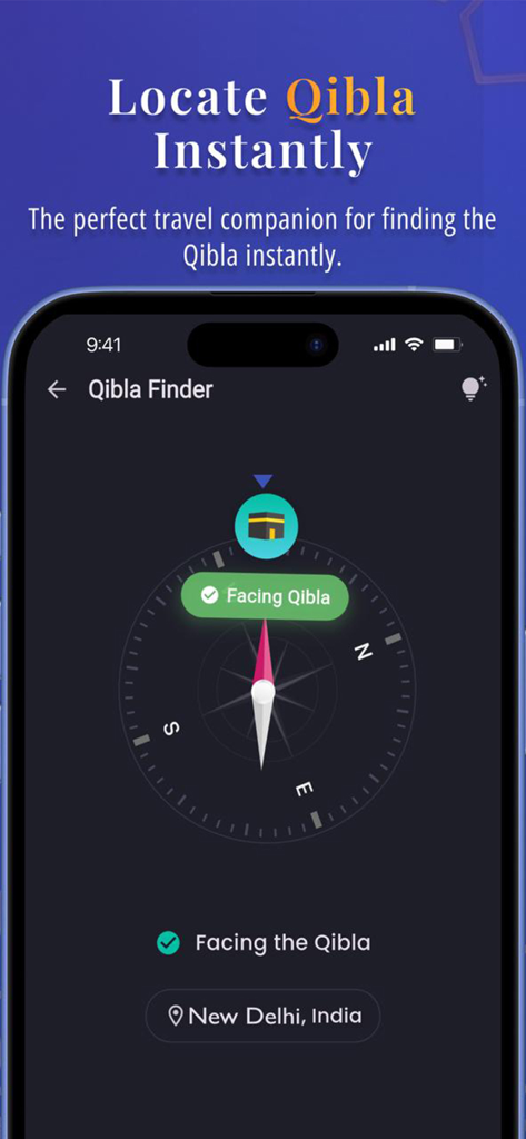 Das Qibla-Finder-Tool in der Zameel App zeigt einen digitalen Kompass für die Gebetsrichtung