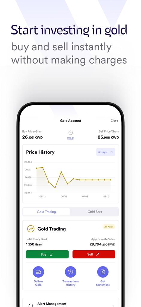 Warba Bank app interface for buying and selling gold with price history graph