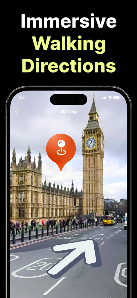 Écran d'iPhone affichant des directions de marche 3D à Londres avec une flèche en réalité augmentée pointant vers Big Ben