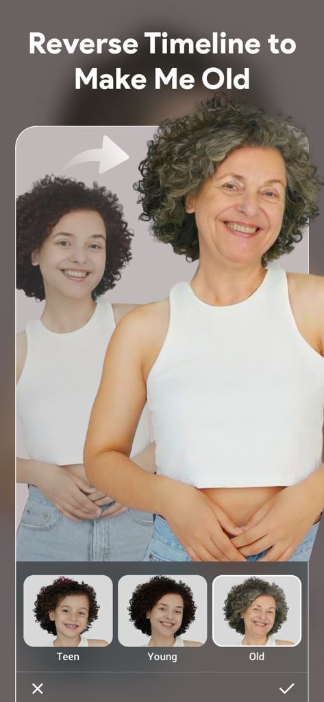 AI Photo Generator - ToonTap - Interfaz de la aplicación ToonTap mostrando el filtro de envejecimiento IA con opciones de progresión de rostro de adolescente, joven y viejo