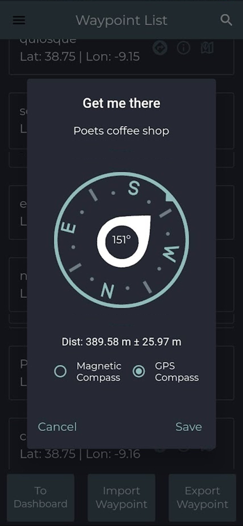 GPS Waypoints Lite - Brújula de navegación que muestra la distancia y la precisión a una ruta guardada
