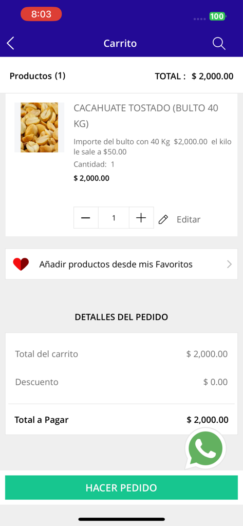 Mayoreo Online - Vista del carrito de compras en la aplicación Mayoreo Online que muestra una compra a granel de cacahuates tostados