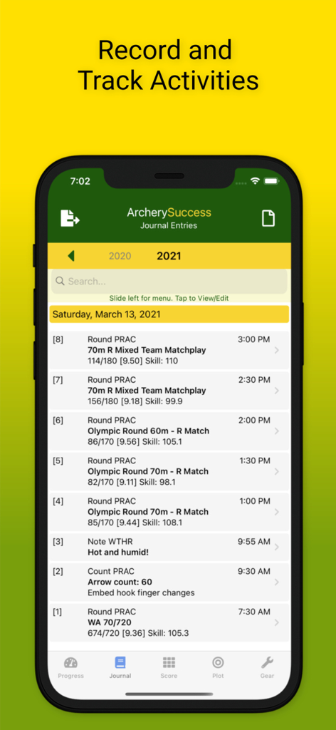 ArcherySuccess - Score & Plot - Tela de diário do aplicativo ArcherySuccess mostrando uma lista de sessões de prática de tiro com arco registradas e notas de treino.