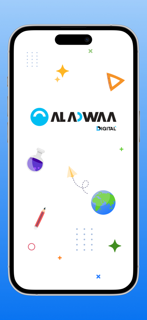 Aladwaa Education - Aladwaa Education app splash screen displaying the Aladwaa Digital logo surrounded by school icons like a globe and a ruler