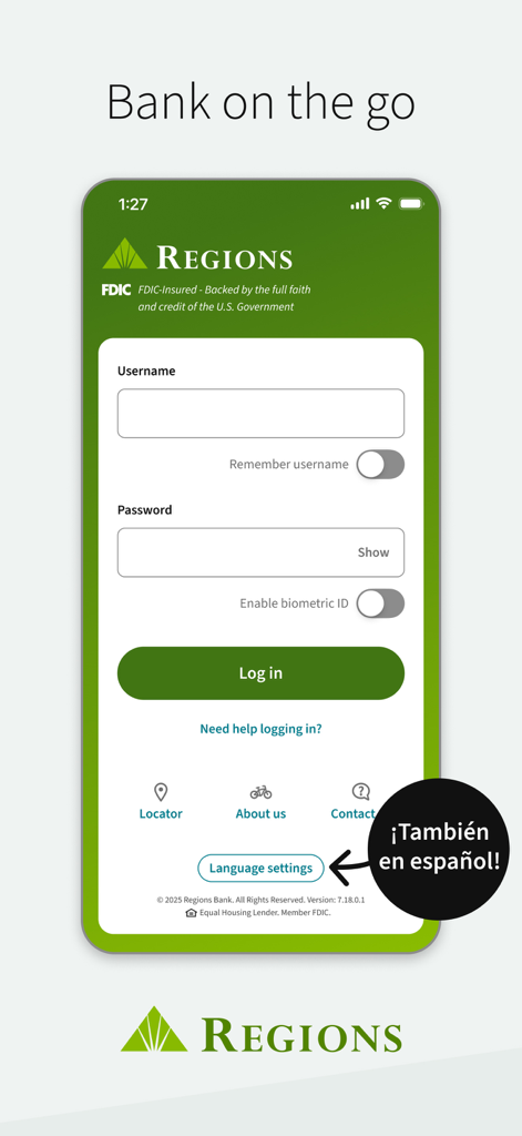 Regions Mobile - Regions Mobile app login screen featuring fields for username and password with a highlight on Spanish language options.