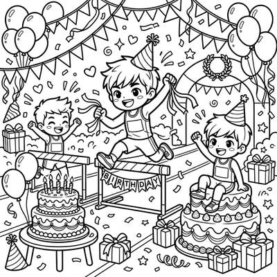 Get ready for a sprint of color with this exciting Hurdlers Birthday Party coloring page, perfect for kids who love sports and celebrations! Join these energetic hurdlers as they jump, cheer, and enjoy a festive birthday surrounded by cakes and balloons.