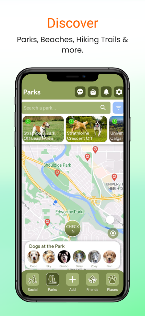 Wag Buddy - Bring Fido Along! - Interface of the Wag Buddy app showing a map for discovering dog parks and a list of dogs currently checked in